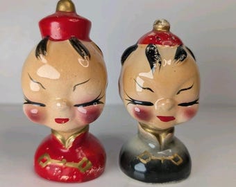 Vintage Ceramic ASIAN FIGURAL HEADS Boy & Girl Salt  Pepper Shakers ~Japan