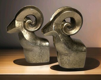 Pair West Elm Bighorn Ram Head  MCM Brass Bookends Figures  William Sonoma 2000s