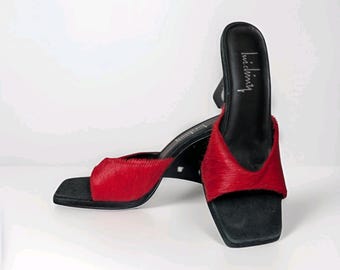 Y2K LUICHINY Red Calf Hair Block Heel Slides Sz EU 38 US 7.5/8 Made In Brazil