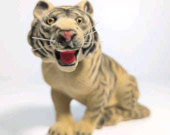 Vintage Flocked Tiger Figurine Charles Prod Hong Kong 4.5x4 Retro 1950-1960s