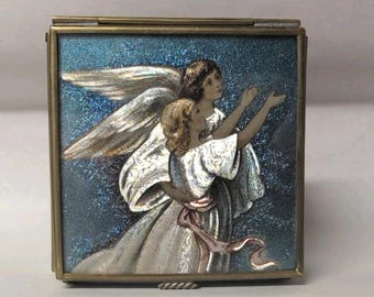 Vtg Stained Glass Angel Jewelry Box Hinged 3 1/8" Handcrafted Cobalt Blue 1993
