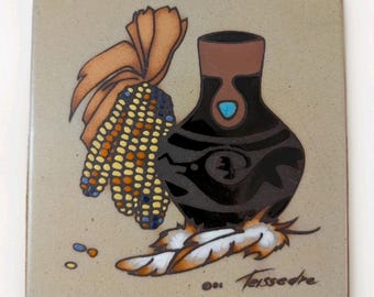 Vtg Cleo Teissedre Ceramic Tile Trivet Southwestern Native American 6x6 Signed