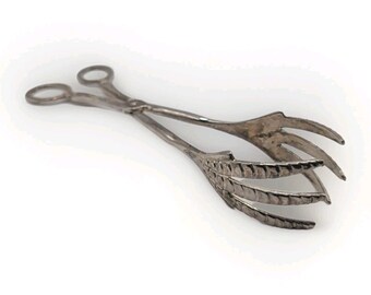 Vintage EP Zinc Silverplate Scissor Tongs Ornate Scroll Handles Dramatic Claws