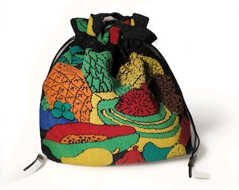 Vintage 1960-70s Neon Candy Hand Beaded Drawstring Boho Bag, made Hong Kong 16"