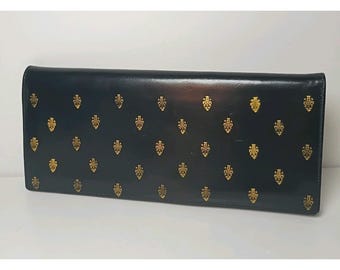 Bicci Florence Italy Vintage Black Leather Envelope Clutch w/ Gold Fleur de Lis