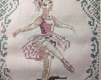 1968 Vintage toe point ballerina hand-stitched on linen in frame