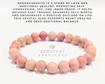 May include: A bracelet made of pink and cream-colored rhodochrosite gemstone beads. The image includes text that reads "Rhodochrosite" and information about the stone's properties. The Gemstone Horoscope logo is also visible.