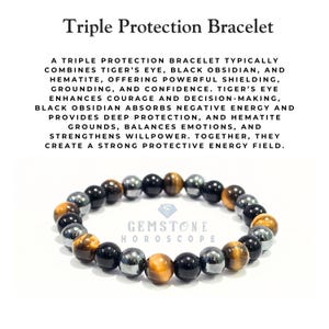 Bracciale con perline a tripla protezione / Perline da 8 mm in occhio di tigre, ossidiana nera ed ematite / Bracciale elastico con pietre preziose per energia e guarigione
