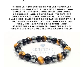 Pulseira de contas com tripla proteção | Contas de olho de tigre de 8 mm, obsidiana negra e hematita | Pulseira elástica de pedras preciosas para energia e cura