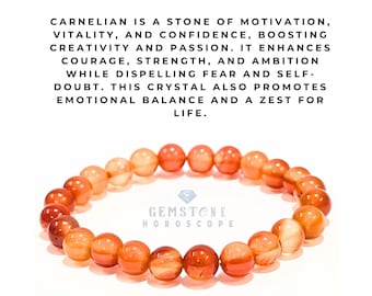 Pulsera de cornalina natural – Cuentas elásticas de 8 mm – Pulsera curativa del chakra sacro – Joyería de piedras preciosas unisex para vitalidad, motivación y coraje