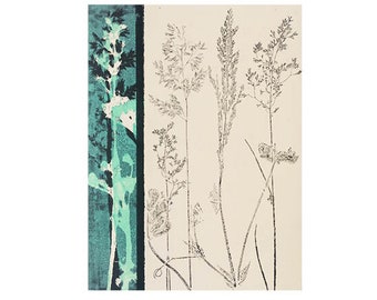 Original plant monotype print. Modern botanical wall art. Grasses & wild flowers. Turquoise green blue. Printed with love from nature