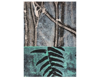 Small handmade botanical fern leaf print. Original monotype by Stef Mitchell. ACEO size in Black Turquoise and blue. A gift from nature