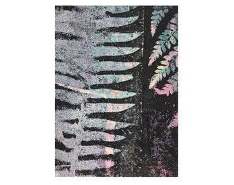 Original Monotype by Stef Mitchell. ACEO miniprint collectable art. Blue Black Grey Pink Fern Nature leaf print. Modern Botanical decor