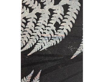 Original Fern Leaf print. Small hand printed botanical monotype print. ACEO Black grey dusky blue by Stef Mitchell. Bring the outdoors in