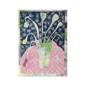 Colourful abstract flower painting. Tulips & a Starry Midnight Blue Sky. 17 x 12.5cm. Small wall decor. Original floral art Pink Green Blue image 1