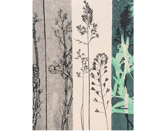 Original plant monotype print Modern botanical wall art. Grasses & wild flowers. Turquoise green blue. Printed with love from nature