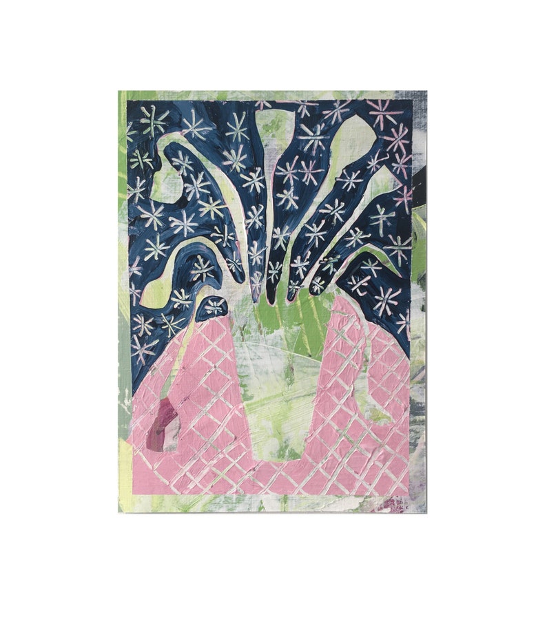 Colourful abstract flower painting. Tulips & a Starry Midnight Blue Sky. 17 x 12.5cm. Small wall decor. Original floral art Pink Green Blue image 1