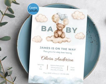 Baby Shower Invitation, Editable Canva Template, Teddy Bear Balloon Theme, Boy Baby Shower, Printable 5x7 Invite, Digital Download