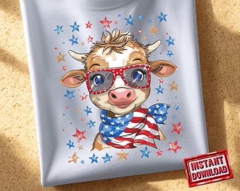 Patriotic Highland Cow SVG PNG | 4th of July Sublimation Design | American Flag Cow Graphic for Cute Cowgirl Shirts Instant Download