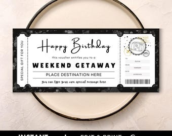 Black Birthday Voucher Template | Weekend Getaway Voucher | Editable Gift Certificate in Canva | Printable Instant Digital Download Coupon VFT