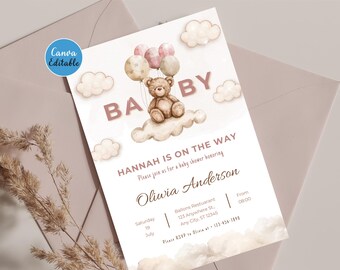 Baby Shower Invites Digital Download, Girl Pastel Balloons, Editable Canva Template, Printable 5x7 Baby Shower Invite, Teddy Bear Balloon