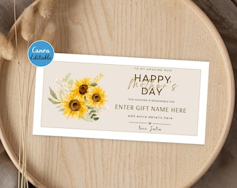 Editable Mother's Day Gift Voucher | Sunflower Coupon Canva Template | Printable Digital Gift Certificate | DL Size | VFT