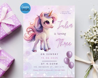 Invitación de cumpleaños de unicornio editable para niña • Colores pastel • Plantilla de Canva • Descarga digital • Invitación mágica para fiesta de 5x7
