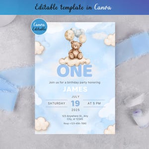 Editable Boy First Birthday Invitation 5x7 | Blue Bear Invite | Cloud 1st Birthday Template | Printable Canva Invitation | Instant Download