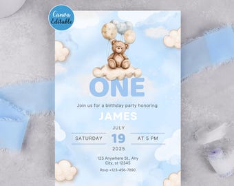 Editable Boy First Birthday Invitation 5x7 | Blue Bear Invite | Cloud 1st Birthday Template | Printable Canva Invitation | Instant Download