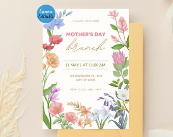 Invitación editable para brunch del Día de la Madre: plantilla moderna de Canva, elegantes colores neutros, descarga digital