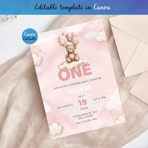 Editable Girl First Birthday Invitation 5x7 | Pink Bear Invite | Cloud 1st Birthday Template | Printable Canva Invitation | Instant Download