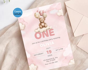 Editable Girl First Birthday Invitation 5x7 | Pink Bear Invite | Cloud 1st Birthday Template | Printable Canva Invitation | Instant Download