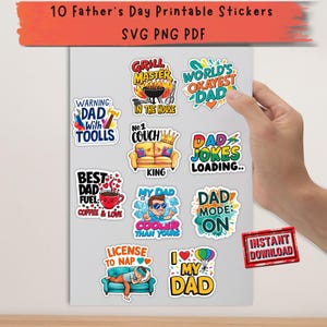 Afdrukbare bundel met stickers voor Vaderdag - 10 kleurrijke PNG-ontwerpen met SVG- en PDF-bestanden voor knutselen en printen en vervolgens snijden