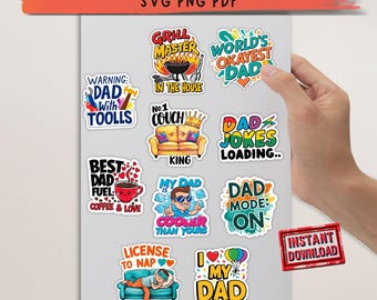 Father's Day Stickers Printable Bundle - 10 Colorful PNG Digital Designs with SVG & PDF Files for Crafts and Print Then Cut