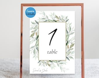 Plantilla de número de mesa de boda | Estilo de hoja minimalista | Archivo editable de Canva de 13 x 18 cm | Letrero de recepción moderno | Descarga instantánea | Leaf50