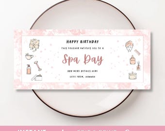 Pink Spa Day Birthday Voucher Template | Editable Massage Gift Certificate | Instant Printable Digital Download Canva | 8x3.5 | VFT