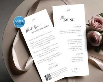 Paquete de tarjetas de agradecimiento de boda y menú de cena | Diseño editable en Canva para notas de agradecimiento de boda y menús de cena minimalistas y modernos