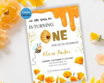 Birthday Invitation Editable Bee 1st Birthday Template for Girls – Sweet to Bee Party Invite, Canva Instant Download