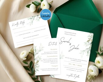 Plantilla de tarjeta de confirmación de asistencia para boda, diseño de hojas, editable en Canva | Invitación de boda verde, tarjeta de detalles, invitación de confirmación de asistencia