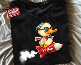 4th of July Duck PNG SVG – Funny Patriotic Cartoon Duck on Fireworks with FREEDOM Sign – Sublimation Design for Independence Day