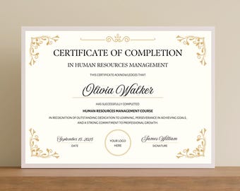Plantilla de Certificado de Finalización de RR. HH. | Certificado editable en Canva para el curso de Gestión de Recursos Humanos, para capacitación y certificación en RR. HH.