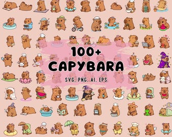 Capybara Bundle, Kawaii Animal PNG, SVG, AI Files for Cricut, T-Shirt Crafts, Stickers, Sublimation