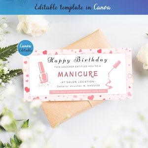 編集可能な誕生日マニキュアギフト券テンプレート – Canva | 印刷可能なクーポン | デジタルダウンロード | パーソナライズされたネイルギフト券 | VFT