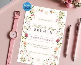 Editable Mother's Day Brunch Invitation – Modern Canva Template, Elegant Neutral Colors, Digital Download