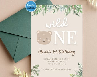 Invitación de cumpleaños de Wild One Neutral | Invitación editable para primer cumpleaños en color beige | Plantilla de Canva de género neutro | Descarga digital| 5x7