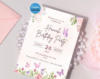 Butterfly Birthday Invitation, floral pastel girl invite, Canva template, printable digital download