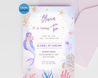 Invitación de cumpleaños de sirena editable | Fiesta bajo el mar | Invitación imprimible para niñas | Plantilla de lienzo para cumpleaños en el océano | Descarga digital