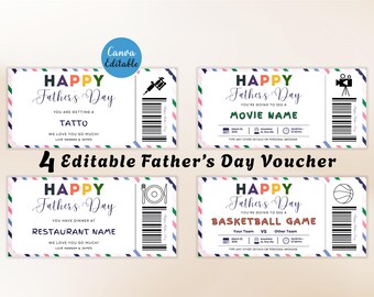 Editable Father's Day Gift Voucher Templates | Printable Coupon Book 4 Dad | Digital Gift Certificates for Basketball, Movie, Dinner, Tattoo