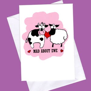 Mad about you, funny valentine card, pun card, funny pun card, funny valentine, funny greeting card, funny coe, cow card