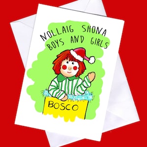 Carte de Noël drôle, carte de Noël, carte de Noël irlandaise, Bosco, cartes drôles, jeux de mots, carte en langue irlandaise, cartes de Noël en irlandais
